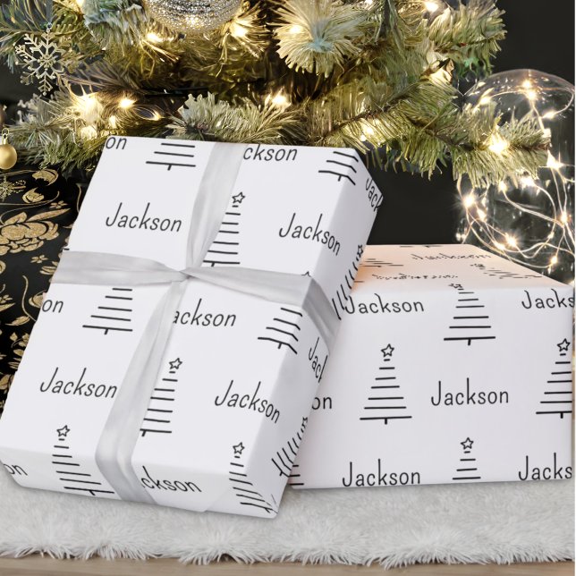 Papel De Presente Árvore Natal de Nome Personalizado Preto e Branco (Criador carregado)