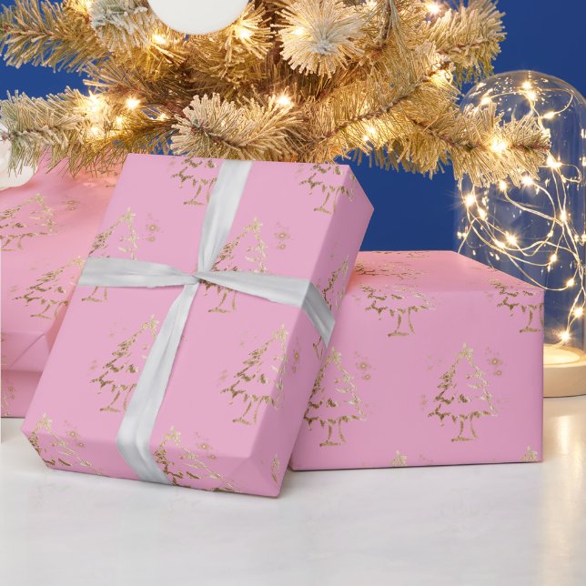 Papel De Presente Árvore Ouro Festiva no Natal da Rosa claro (Feriados)