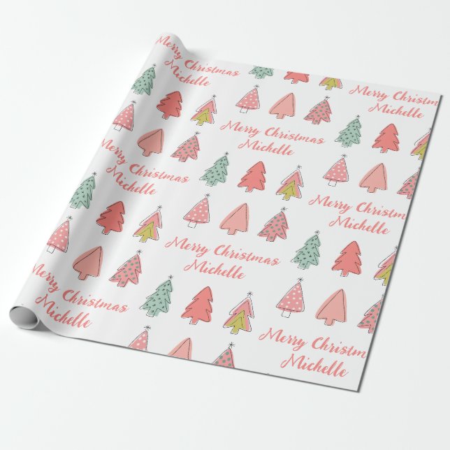 Papel De Presente Árvore Rosa Rosa de Natal Personalizada (Desenrolado)