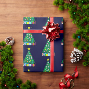 Papel De Presente Árvore Verde de Natal Feliz Feriados: Azul Escuro