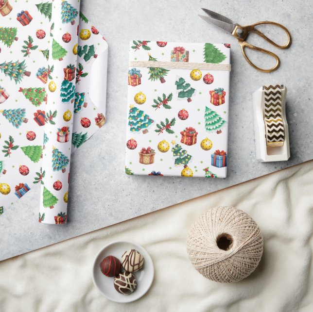 Papel De Presente Árvore Verde de Natal Moderna em Aquarela (Artesanato)