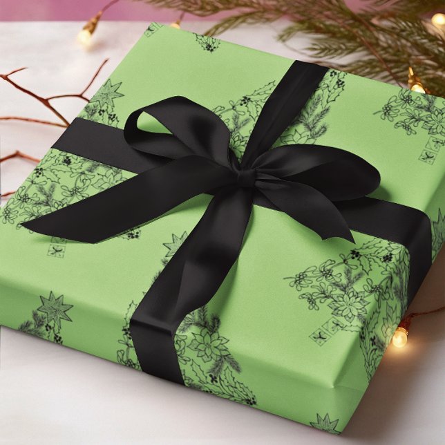 Papel De Presente Árvore verde festiva do Natal do Pistachio (Festive Green Tree on Pistachio Christmas Wrapping Paper)