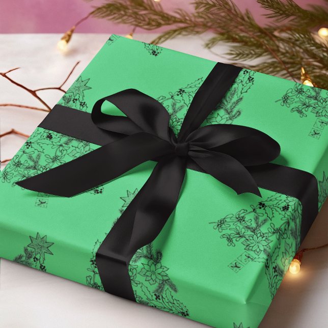 Papel De Presente Árvore Verde Festiva no Natal Esmeralda (Festive Green Tree on Emerald Christmas Wrapping Paper)