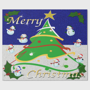 Papel De Presente Árvores, bonecos de neve e Feliz Natal -