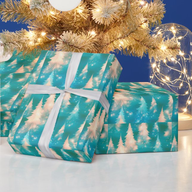 Papel De Presente Árvores Brancas Verde Azul Natal Moderno (Feriados)