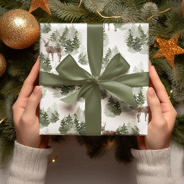 Papel De Presente Árvores De Aquarelas E Velhinhos De Natal Verde