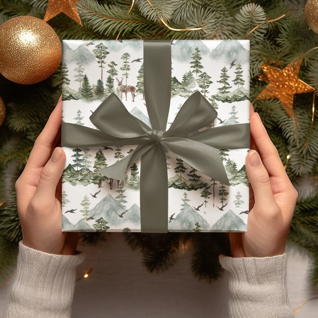 Papel De Presente Árvores De Aquarelas E Velhinhos De Natal Verde (Criador carregado)