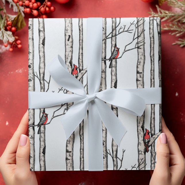 Papel De Presente Árvores de Aves Modernas e Aves Cardinais Vermelha (Modern Hand Drawn Red Cardinals Perched on Birch Tree Branches on an Elegant Soft Blue Background.)