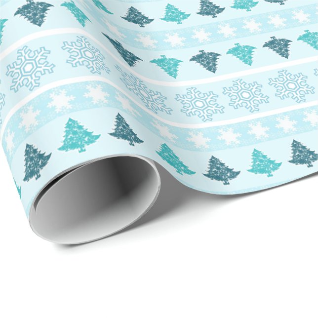 Papel De Presente Árvores de inverno e flocos de neve azul-padrão (Ponta do rolo)