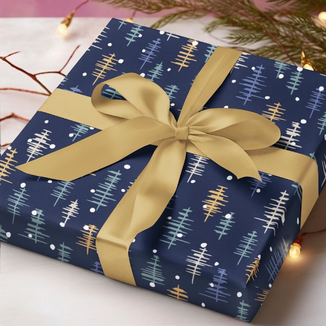 Papel De Presente Árvores de Natal Abstratas em Azul Branco e Dourad (Criador carregado)
