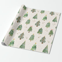 Papel De Presente Árvores de Natal aquarela Flocos de neve Feriado