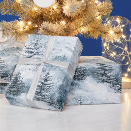 Papel De Presente Árvores de Natal Azuis Brancas Neve de inverno