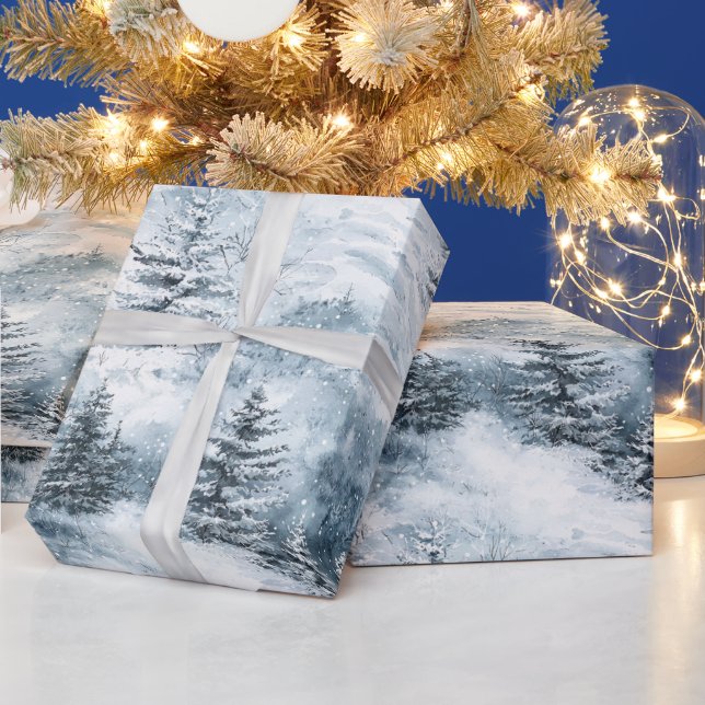 Papel De Presente Árvores de Natal Azuis Brancas Neve de inverno (Feriados)