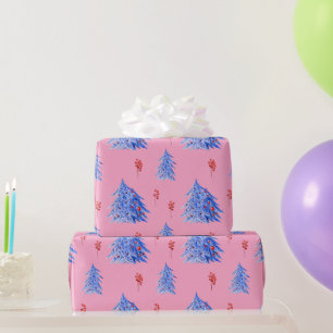 Papel De Presente Árvores de Natal Azuis de Inverno Azevinho Frutas