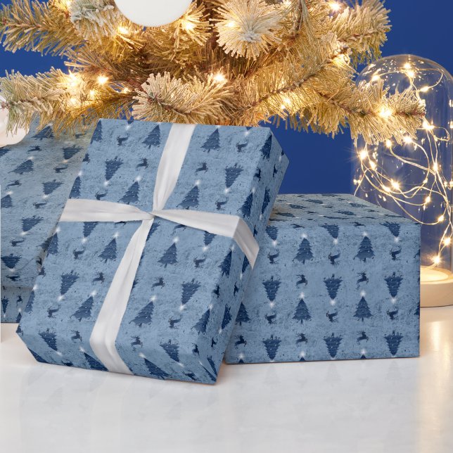 Papel De Presente Árvores de Natal Azul e Marinho Tradicional (Feriados)