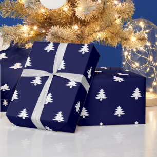 Papel De Presente Árvores de Natal azul marinho escuro e branco eleg