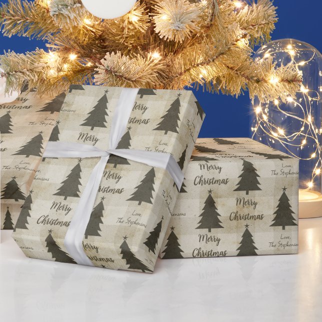 Papel De Presente Árvores de Natal Bege Rústico Verde Nome (Feriados)