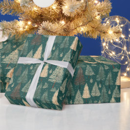 Papel De Presente Árvores de Natal Boho Bege Verde Feriado