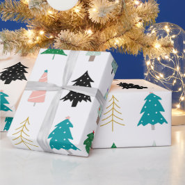 Papel De Presente Árvores de Natal bonitinhas modernas, verde-branco