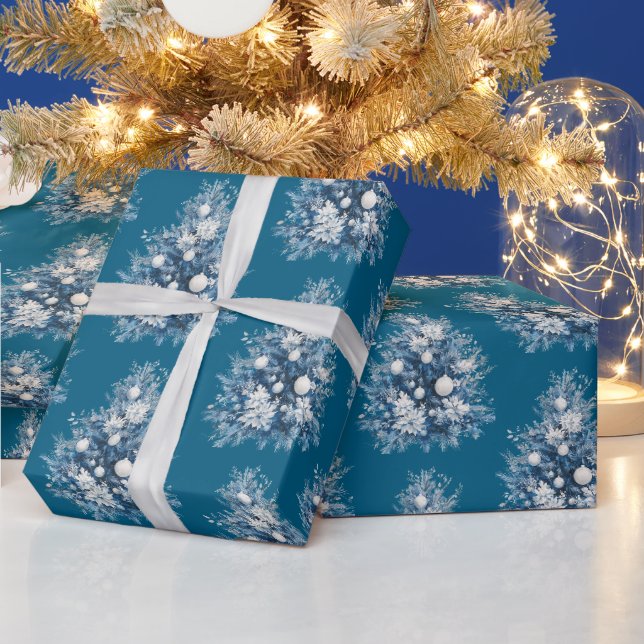Papel De Presente Árvores de Natal brancas azuis (Feriados)