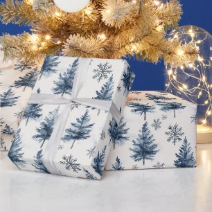 Papel De Presente Árvores de Natal Brancas Azuis Flocos de Neve