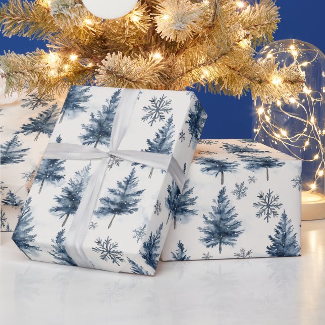 Papel De Presente Árvores de Natal Brancas Azuis Flocos de Neve (Feriados)