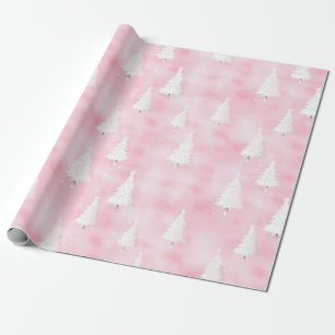 Papel De Presente Árvores de Natal Brancas - Cor de Água Rosa