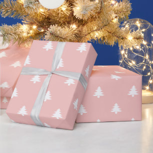 Papel De Presente Árvores de Natal brancas, cor-de-rosa, minimalista