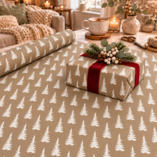 Papel De Presente Árvores de Natal Brancas Rústicas Kraft