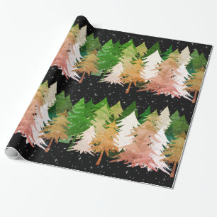 Papel De Presente Árvores de Natal Brancas Verdes Rosa Estrelas Nev