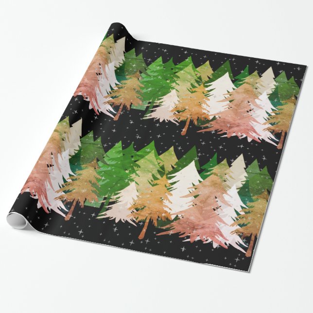 Papel De Presente Árvores de Natal Brancas Verdes Rosa Estrelas Neve (Desenrolado)