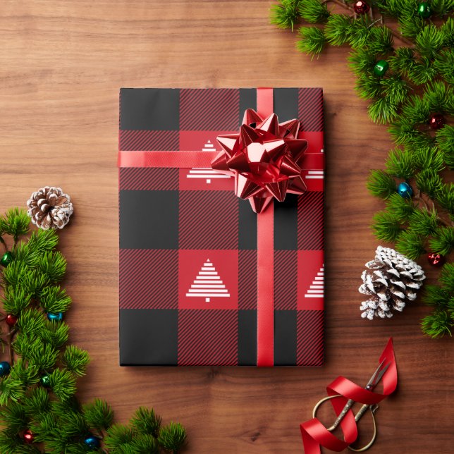 Papel De Presente Árvores de Natal Brancas Xadrez Búfalo Preto e Ver (Presente de Natal)