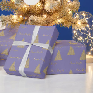 Papel De Presente Árvores de Natal Brilhantes Douradas Roxas    