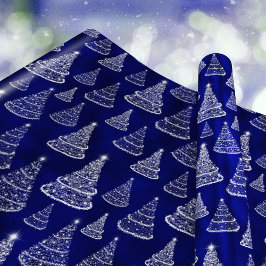 Papel De Presente Árvores de Natal Brilhantes Estrelas Azul Real