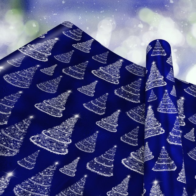 Papel De Presente Árvores de Natal Brilhantes Estrelas Azul Real (Criador carregado)