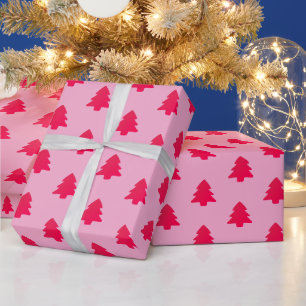 Papel De Presente Árvores de Natal Clássicas Fofo Rosa Quente em Ros