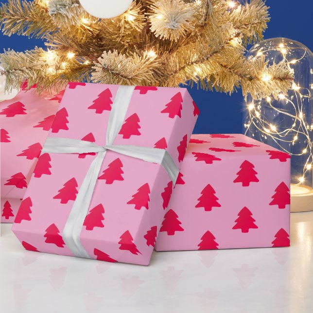 Papel De Presente Árvores de Natal Clássicas Fofo Rosa Quente em Ros (Feriados)