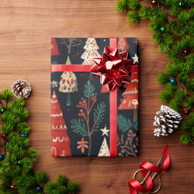 Papel De Presente Árvores de Natal coloridas (Presente de Natal)