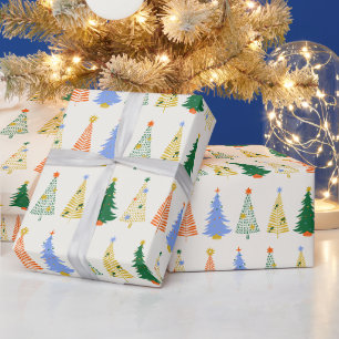 Papel De Presente Árvores de Natal Coloridas e Caprichosas Padrão Re