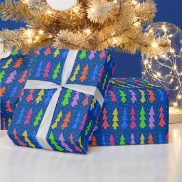 Papel De Presente Árvores de Natal Coloridas em Azul