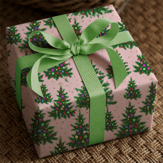 Papel De Presente Árvores de Natal Coloridas Rosa Fofo