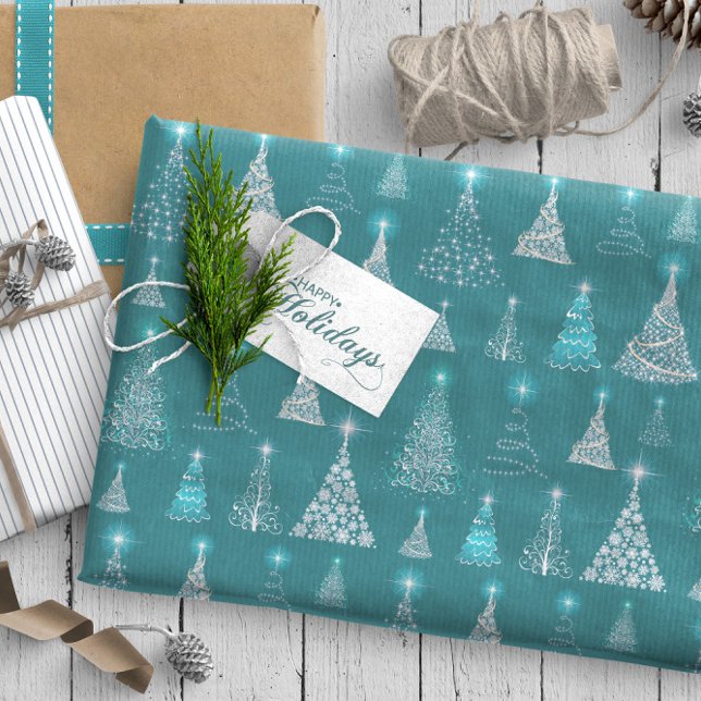 Papel De Presente Árvores de Natal com Espumantes, Teal ID844 (Criador carregado)