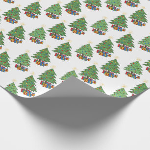 Papel De Presente Árvores de Natal com Estrelas no Topo e Padrão de