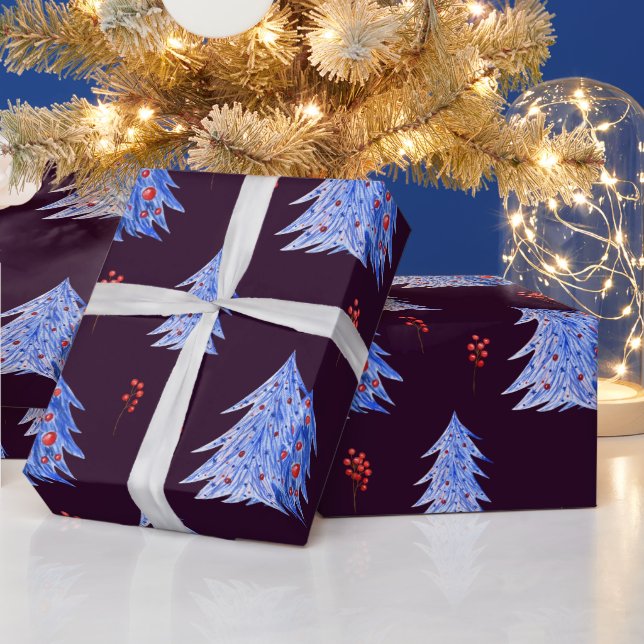 Papel De Presente Árvores de Natal com Folhas de Azevinho Azuis de I (Feriados)
