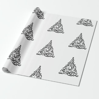 Papel De Presente Árvores de Natal com Redemoinhos Pretos em Branco
