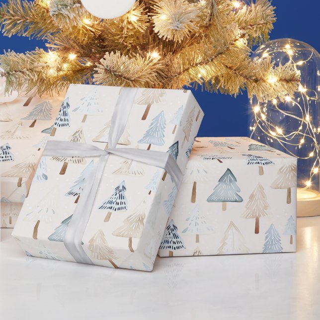 Papel De Presente Árvores de Natal Creme Bege Azul (Feriados)
