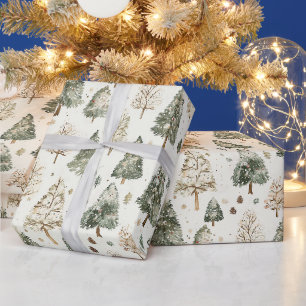 Papel De Presente Árvores de Natal Creme Verde Pinheiro