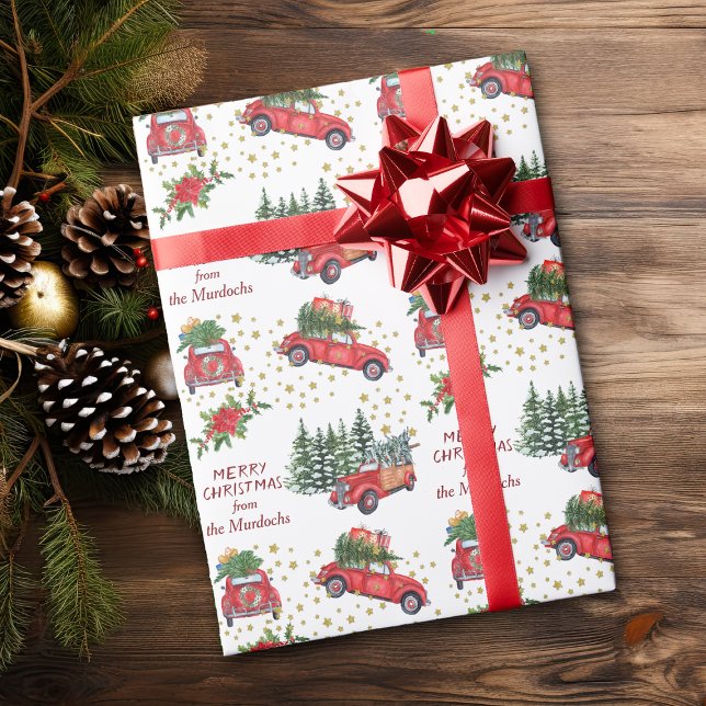 Papel De Presente Árvores de Natal de Caminhão e Carro Retro (Criador carregado)