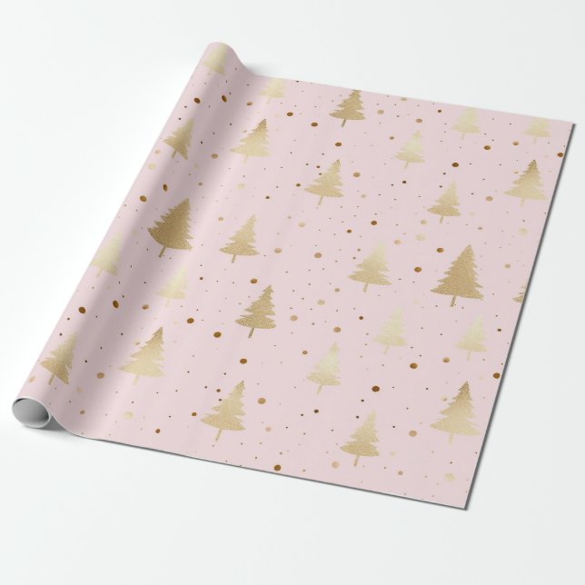 Papel De Presente Árvores de Natal de Ouro Delicadas (Desenrolado)