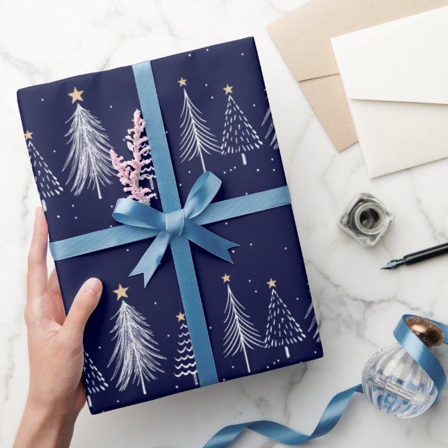 Papel De Presente Árvores de Natal de Pinheiro de Inverno Azul Marin (Presentear)